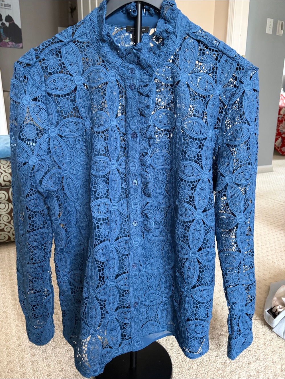 Ann Taylor Teal-Blue Crochet Lace Button-Front Blouse
